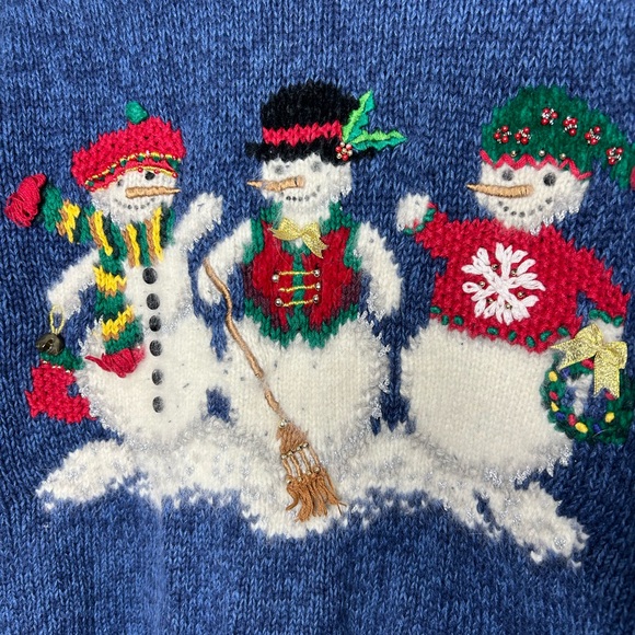 MARISA CHRISTINA VINTAGE CHRISTMAS SWEATER BLUE WITH THREEE SNOWMAN EMBROIDERED - Picture 4 of 7